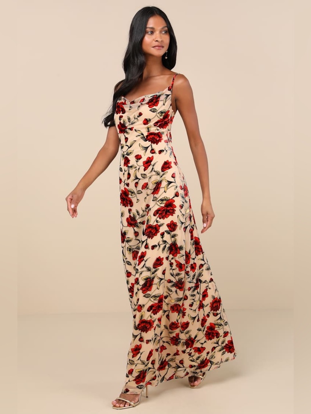 Lulus Romance in the Making Beige Floral Print Velvet Maxi Dress BNWT XS
